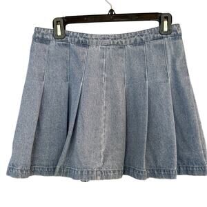 Denim Pleated Jean Mini Skirt 31” Waist Western Academia Cowgirl Light Wash